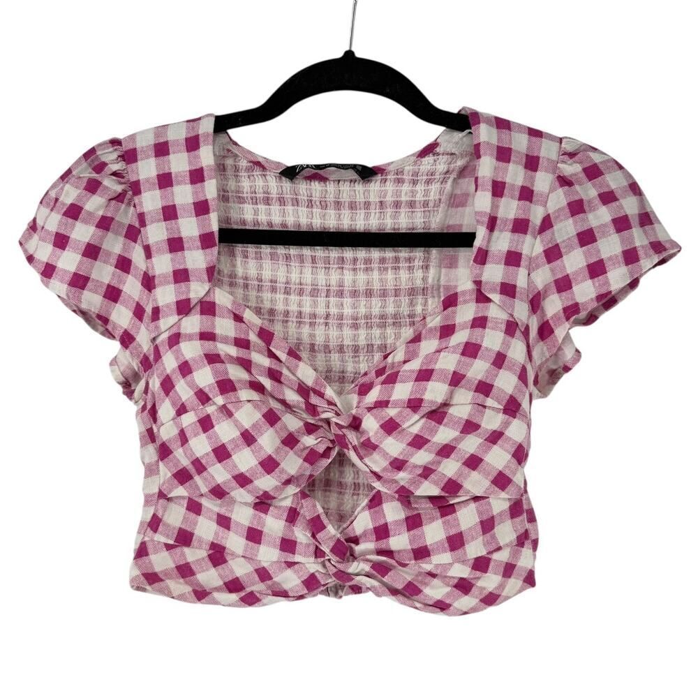 Zara Gingham Crop Top Pink Size XS Smocked Back Twist Front Keyhole Preppy VNeck